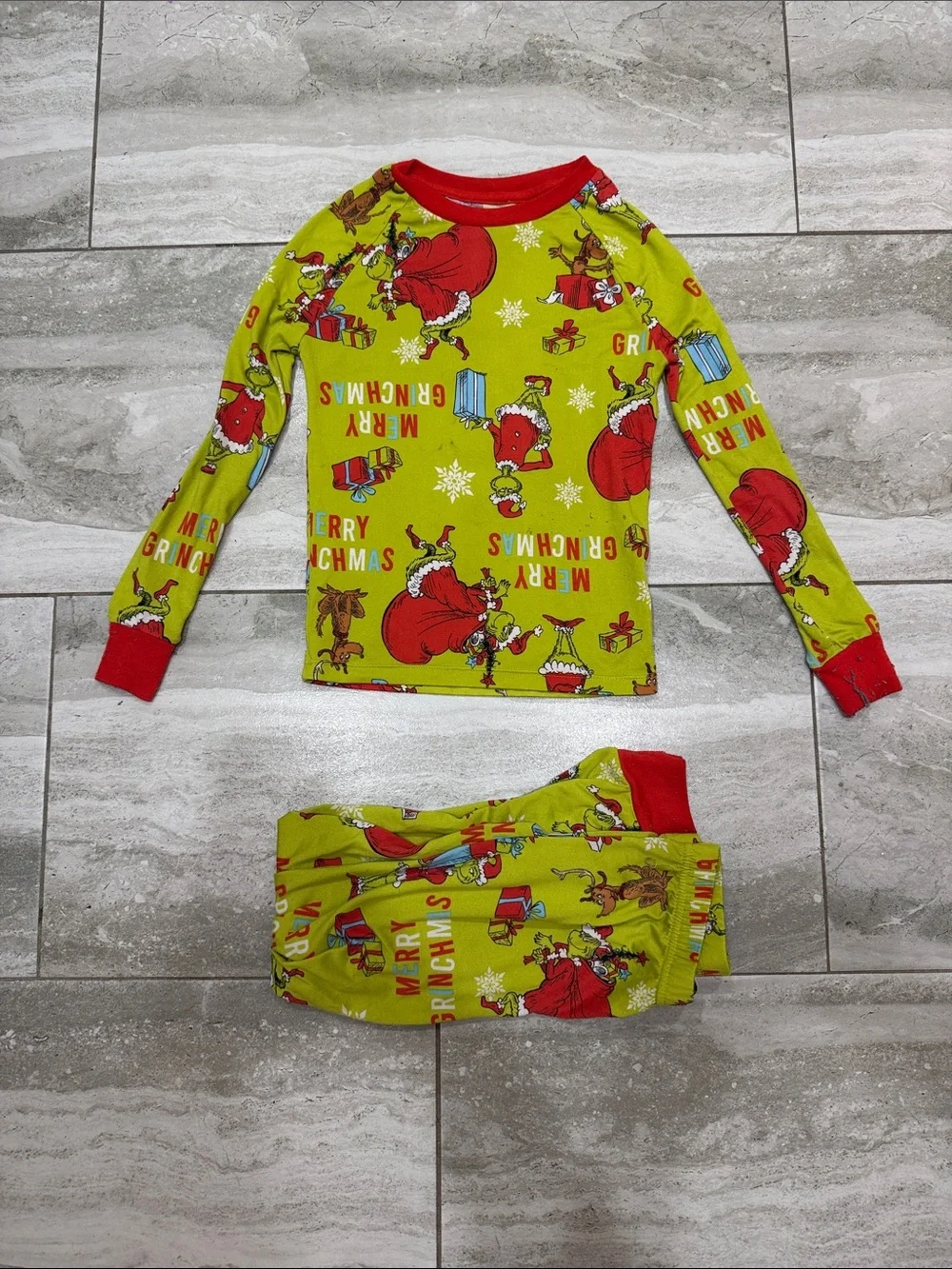 Kids Green Holiday Grinch Pajama Set with Red Trim